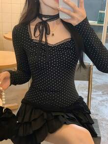 DAZY Áo thun dài tay buộc dây thanh lịch dành cho nữ, thích hợp cho mùa xuân và mùa thu. - màu đen - Xem 6
