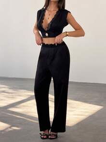 GlowEve 女士撞色蕾丝金属单扣短款背心和裤子时尚套装 - 黑色 - 查看 6