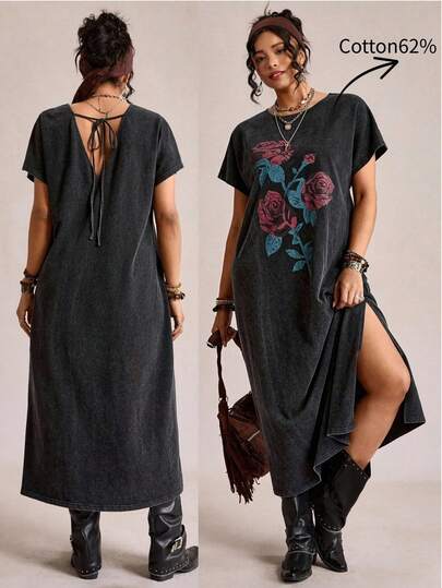 Freevana 大码女式碎花休闲度假约会短袖连衣裙