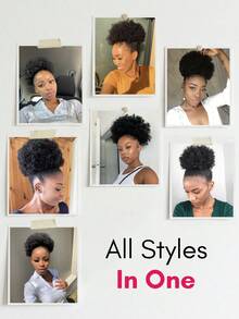 Afro Puff Drawstring Ponytail Human Hair Bun For Women Afro Kinky Curly Clip In Ponytail Extension Human Hair Pieces Short Clip In Ponytails Hair Bun Extensions Hairpieces Updo Hair With Two Clips Natural Black Color 6 8 Inch - Natural Black - View 3