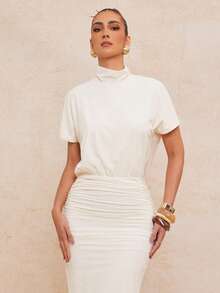 Lumalex 女士纯色露背褶皱修身优雅连衣裙 - 杏色 - 查看 6