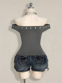 SHEIN ICON Blusa gris con acentos metálicos y hombros descubiertos para mujer de talla grande - Gris - Ver 2