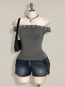 SHEIN ICON Blusa gris con acentos metálicos y hombros descubiertos para mujer de talla grande - Gris - Ver 6