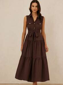 BELROSIE Women's Dark Brown Summer Elegant Tea Party Maxi Sleeveless Dress,Old Coin Texture Crinkle Fabric Shirt Collar Asymmetric Metal Button Pocket Design - Brown - View 2