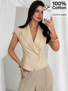 Firerie Áo blazer nữ thanh lịch, tối giản, kiểu dáng thường ngày, phù hợp đi làm, không tay, cổ ve áo, cài nút, màu mơ, tay ngắn. - Màu be - Xem 6