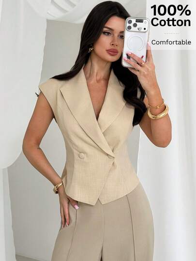 Firerie Women's Elegant Minimalist Fashion Commuter Casual Daily Wear Lapel Sleeveless Fitted Button Apricot Short Sleeve Blazer