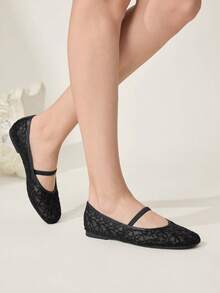 CUCCOO CHICEST 黑色网面花朵方头平底鞋，舒适柔软，简约百搭，优雅通勤女鞋 - 靜夜黑色 - 查看 5