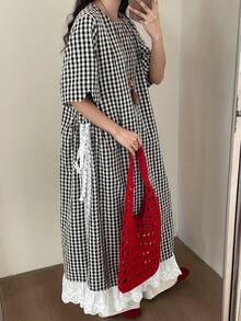 FRIFUL Women's Plaid Black & White Patchwork Sheer Lace Trim Pleated Loose Casual Dress - Black and White - View 4