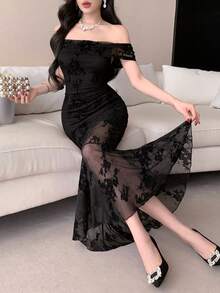 DAZY Women's Floral Mesh Ruffle Off-Shoulder Fitted Mermaid Hem Elegant Dress Sundress Cocktail Dress - Black - View 1