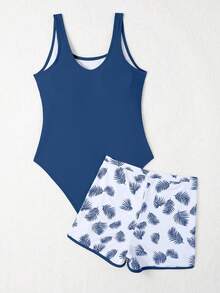 Teen Girl Solid Color Round Neck One-Piece Swimsuit With Floral Print Shorts - Blue - View 2