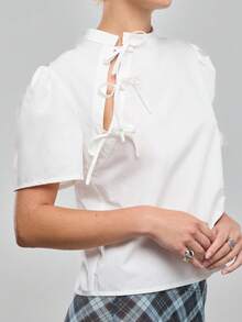 COUREZ Top con mangas abullonadas y detalle de lazo / Top lindo estilo Y2K para salir, sexy - Blanco - Ver 6