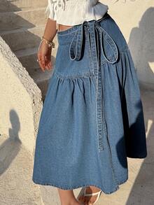 Sunnyshic Women's Knotted Ruched Casual Everyday Denim Mini Skirt - Medium Wash - View 4