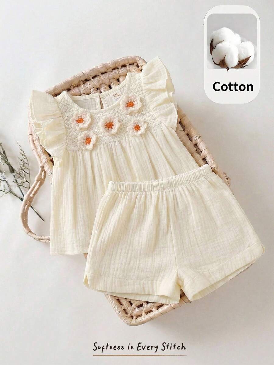 Cozy Pixies 2pcs Baby Girl Round Neck Ruffle Trim Top And Elastic Waist Shorts Set 2 Piece Set Baby Girl Clothes Baby Girl Summer Outfit - Beige - View 1