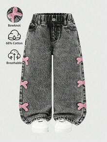 SHEIN Playful Pals Jeans rectos azules con efecto desgastado, moda versátil para niñas - Gris - Ver 6