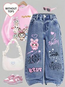 SHEIN ChillGRL 女童印花直筒裤，夏季新款休闲时尚简约百搭英文卡通涂鸦印花设计，深蓝色水洗，可爱甜美风格，可搭配卡通T恤、条纹T恤，适合度假、休闲、周末外出，女童牛仔直筒裤 - 深色水洗藍 - 查看 8