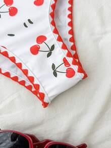 SHEIN 少女三件套泳衣，樱桃印花比基尼配沙滩裙 - 紅白色 - 查看 7