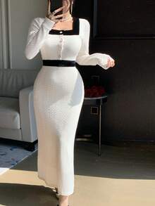 DAZY Elegant,Black And White,Office,Autumn Textured Lace Dress,Metal Buckle Decor Fitted Waist Long Sleeve Midi Dress For Women,Formal Wedding Party Wear - Beige - View 11