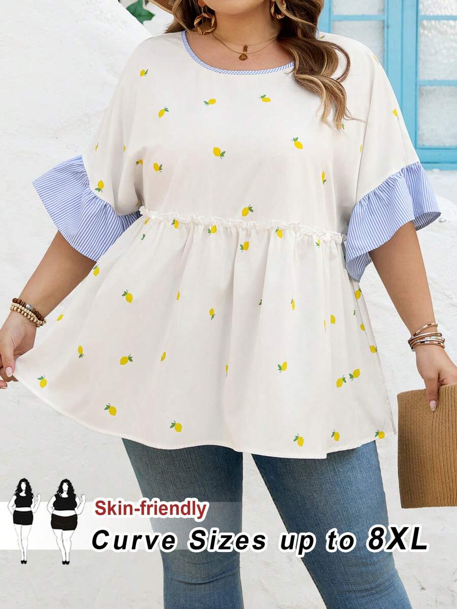SHEIN CURVE+ Curve 尺码 US22 音乐节、海滨度假、波西米亚风女士休闲度假条纹V领拼接柠檬印花A-List Doll衬衫