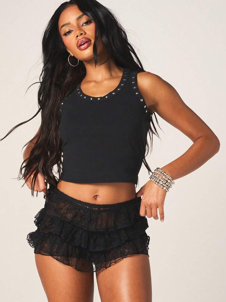MISSGUIDED Black Lace Ruffle Booty Shorts With Dipped Waistband Flirty Mini Hot Pants Tiered Feminine Intimate Layered Lace Design