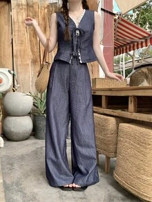 DAZY Bộ đồ hai mảnh dành cho nữ, gồm áo vest ren chắp vá kiểu Pháp cổ điển và quần jeans ống rộng. - Màu xanh lam - Xem 6