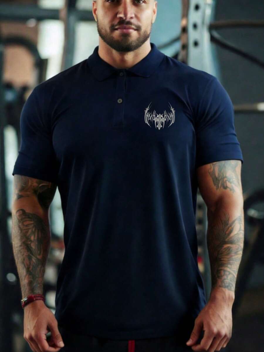 GymBeat 男士十字印花休闲百搭通勤短袖Polo衫 - 藏蓝色 - 查看 1