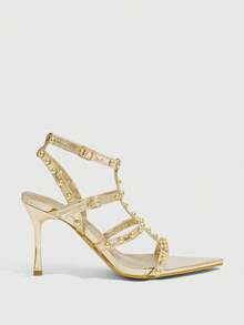 CUCCOO SZL Zapatos de mujer de tacón alto con puntera transparente de cristal, joya, dorados, para fiesta, trabajo y uso diario, sandalias de mujer con tacón alto y sin talón - Dorado - Ver 2