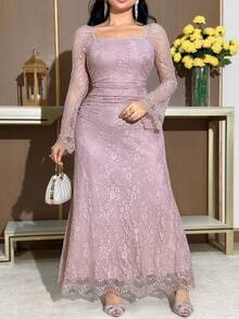 Feyla Plus Size Elegant Solid Color Lace Dress Vestidos Elegantes Para Fiesta - Pink - View 7