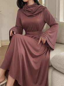 DAZY Vestido Evasê Elegante Feminino com Aplicação de Pérolas Falsas nas Mangas Sino - Vermelho - Visão 7