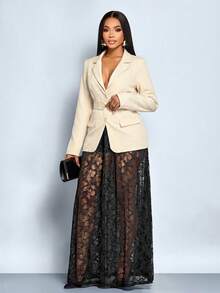 SOLERSUN 女士时尚商务休闲金属腰带西装外套和蕾丝裙（随机花卉图案） - 杏色 - 查看 6