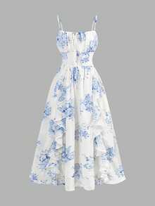 SHEIN 少女优雅印花吊带荷叶边A字摆连衣裙，波西米亚风长裙，适合海滩度假、热带假期、春夏穿着 - 藍色 - 查看 3