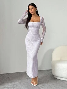 SHEIN PETITE Đầm maxi đen ôm sát cơ thể, dài tay, dáng chữ S, chất liệu ren, có gọng nâng ngực, cổ vuông, ôm sát, dành cho nữ, thích hợp cho các buổi tiệc mùa hè, hẹn hò. - Màu tím hoa cà - Xem 5