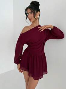 Firerie Women's Burgundy Elegant Autumn Chiffon Mini Dress,Asymmetrical Shoulder Ruffle Waist A-Line Off Shoulder Dress For Wedding Guest,Dinner Date,Party - Burgundy - View 1