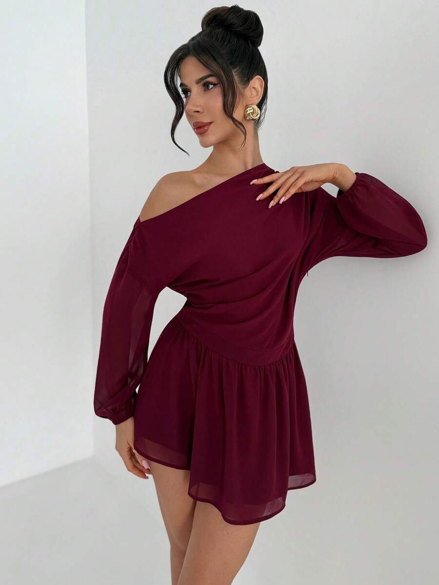 Firerie Women's Burgundy Elegant Autumn Chiffon Mini Dress,Asymmetrical Shoulder Ruffle Waist A-Line Off Shoulder Dress For Wedding Guest,Dinner Date,Party - Burgundy - View 1