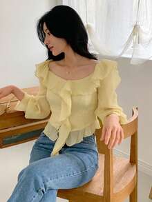 DAZY Women's Solid Color Ruffle Off Shoulder Long Sleeve Fashionable Blouse - Yellow - View 4
