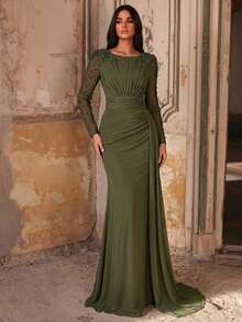 Elegant Luxury Pearl Rhinestone Design Sheer Long Sleeve Elastic Knit Ruched Mermaid Dress, Suitable For Wedding, Party, Vacation, Bride, Mother Of The Bride, Evening Gown - Army Green - View 7
