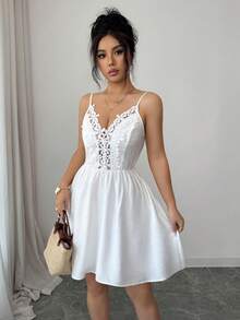 Elenzga Sleeveless Floral Lace Patchwork Elastic Waist A-Line Elegant Casual Sexy Summer Beach Dress For Women - White - View 7