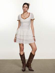 Rina Fox 2026 Women's Sweetheart Neck Short Petal Sleeve Ruffle Hem Lace Waist Fit Dress - White - View 4