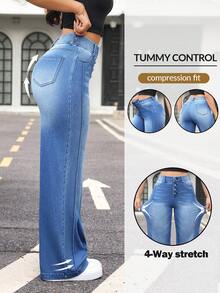 Flexra Women's Pocket Button Casual Versatile Daily Wear Wide Leg Jeans - Blue - View 1