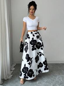 Lyxana Women Jacquard Casual Versatile Date Night Skirt - Black and White - View 3