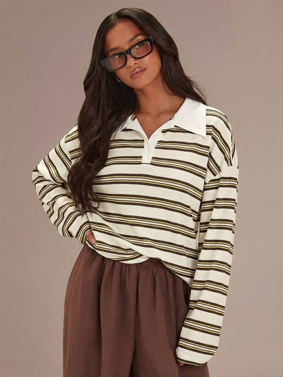 Athîral Áo sơ mi nữ kẻ sọc dáng rộng, cổ bẻ, tay dài, thích hợp cho mùa xuân và ngày Valentine. - Màu be - Xem 1