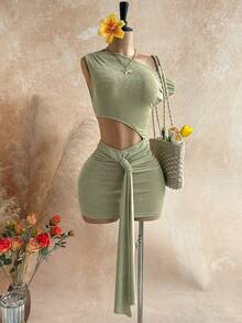 Soleia Spring/Summer New Casual Vacation Western Beach Wedding Guest Attire Graduation Brunch St. Patrick's Day Spring Break Easter Music Festival Elegant Bohemian Tropical Chic Waist Cutout Date Party Ruffle Asymmetric Neck Metal Decor Women Mini Dress Vintage Outfit For Women - Green - View 3
