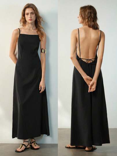 Maija Women's Solid Color Minimalist Casual Midi Slip Dress Backless Maxi Dress Women Spring Summer Festival  Wedding Guest Dress For Women Graduation