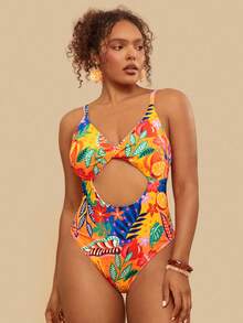 Travachic Plus Size Tropical Plant Print Cutout Front Twist One-Piece Swimsuit, Sexy & Slimming, Suitable For Beach Vacation Summer Outfits, Spring Clothing,Spring Outfit Women, Going Out Outfits, Vacation Outfits Women,Holiday Outfits, Casual Outfit For Women, Boho Style Women, Resort Outfit For Women, Island Holiday Outfit, Havana Outfit, Tropical Outfit, Mexican Style Plus Size Bathing Suits Women - Multicolor - View 4