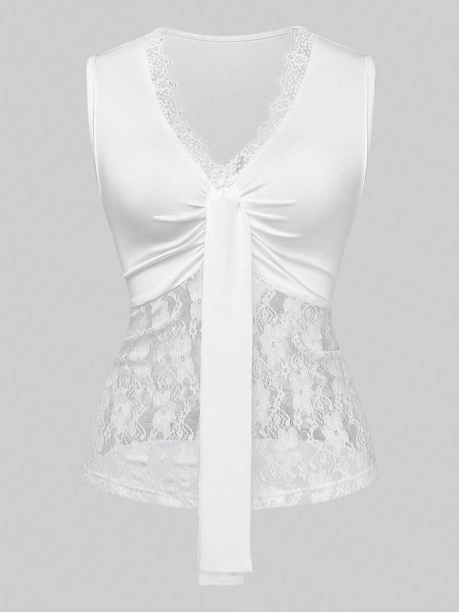 K-Vae Twist Ribbon Contrast Lace V-Neck Fitted Blouse - White - View 1