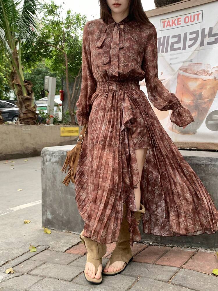 Women's Tie-Up Korean Style Mid-Length Dress Boho