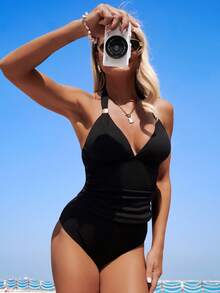 SHEIN Swim Women's Black Summer Elegant Beach Tankini Set,Halter Neck Ribbed Textured Swimwear With Metal Decor,Bodycon Removable Cup Holiday Bathing Suit,26SS - Black - View 5