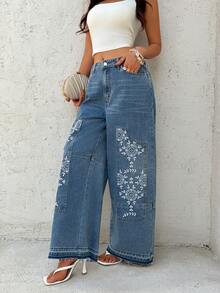 SHEIN 女士休闲宽松水洗刺绣牛仔裤 - 藍色 - 查看 3