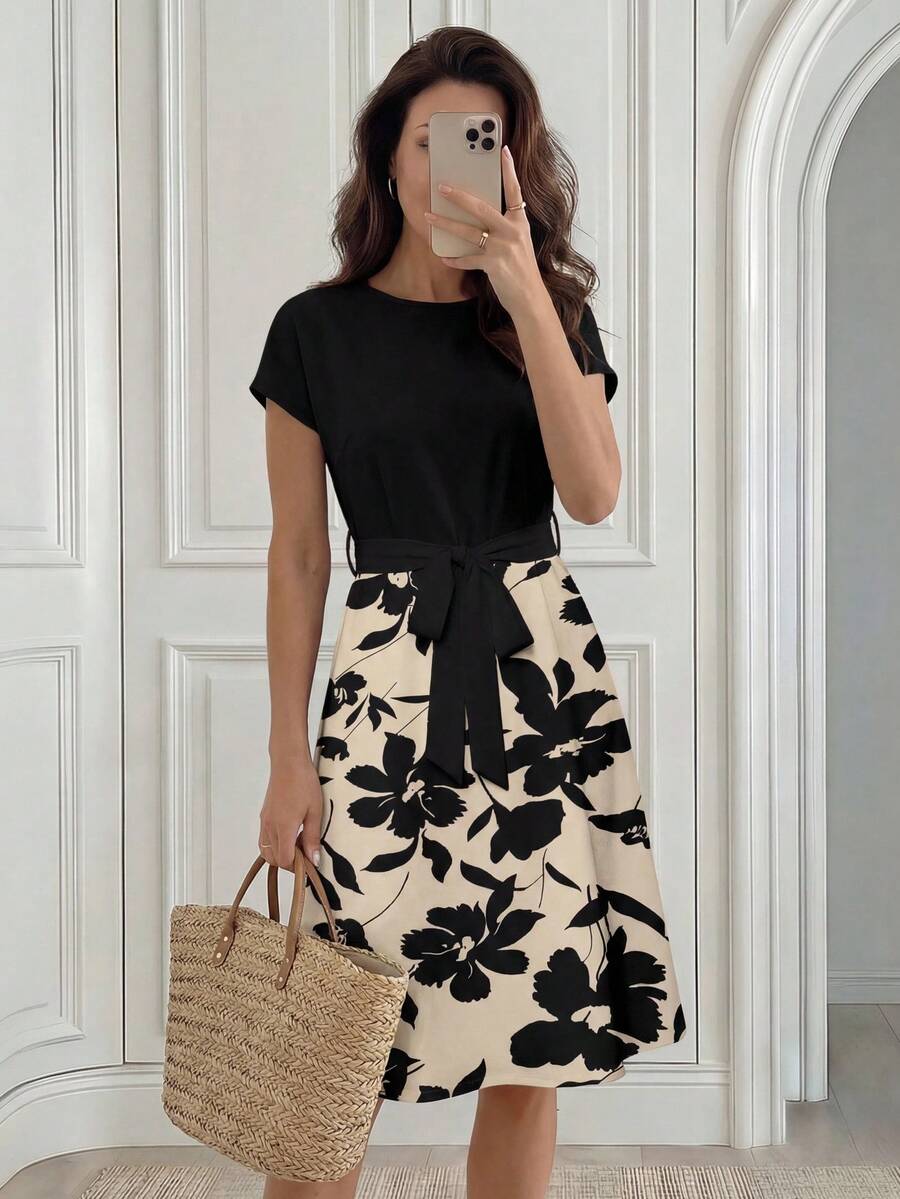 Medorina Đầm nữ tay lửng thắt eo, phù hợp cho mùa xuân và mùa hè. Đầm hoa đen trắng, đầm hoa thanh lịch, đầm hè thanh lịch cho nữ, đầm hoa nữ, đầm thanh lịch, đầm thường ngày cho nữ, trang phục thường ngày cho nữ mùa xuân, thường ngày. - Nhiều màu - Xem 1