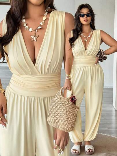 Vionelle Plus Size Women Deep V-Neck Ruched Casual Jumpsuit Harem Pants For Holiday & Daily Wear Sexy Vacation Jumpsuit Women Vacation Jumpsuit Summer Elegant Jumpsuit Vacation Dinner Jumpsuit Deep V Neck Jumpsuit