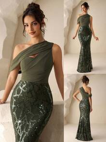 Coutiva 女士不对称肩部高端晚礼服，优雅闪亮正式礼服 - 墨綠色 - 查看 1